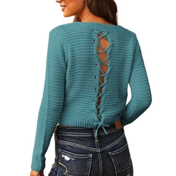 Pretty Guide Cropped Sweater Top Size Small Eyelet Cable Knit Lace Up Goth - Picture 1 of 8